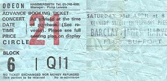 Ticket for Barclay James Harvest Hammersmith Odeon concert, April 1984 [Kim Roberts]